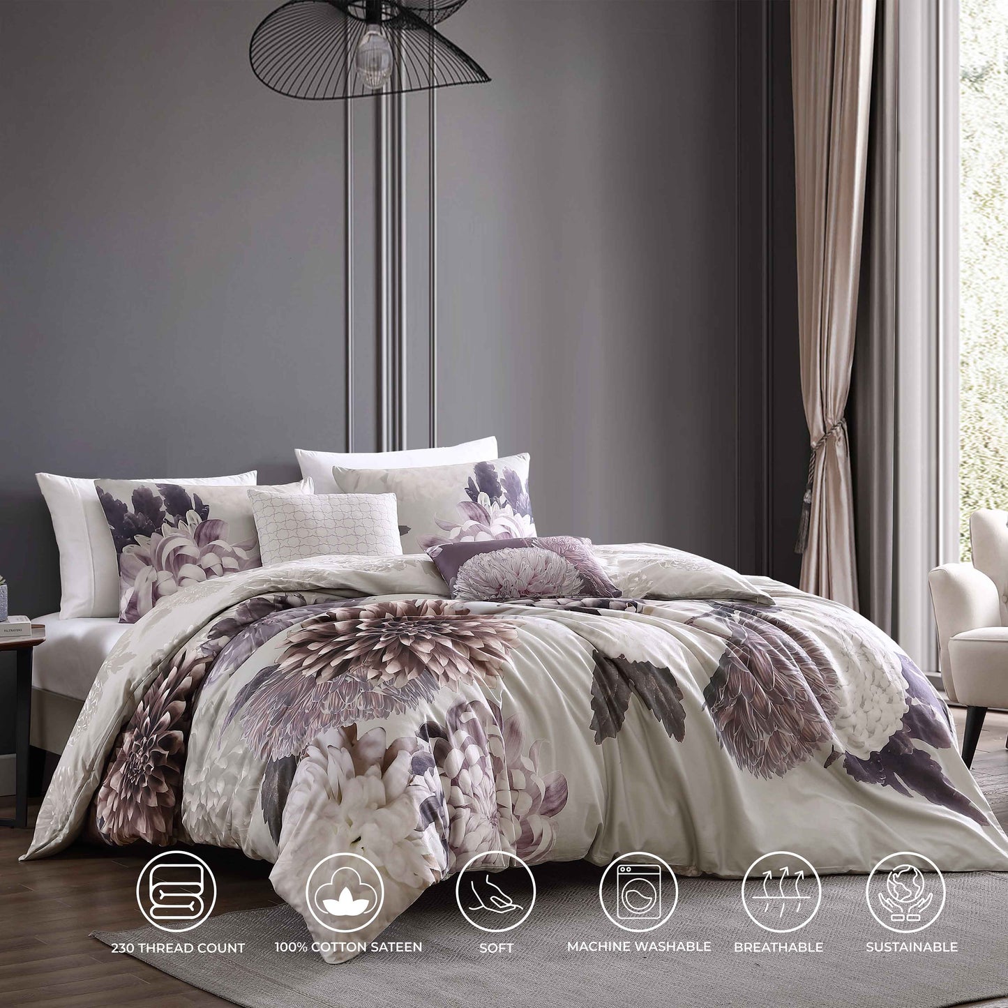 Bebejan Bloom Purple 100% Cotton 5-Piece Reversible Comforter Set Comforter Sets By Bebejan®