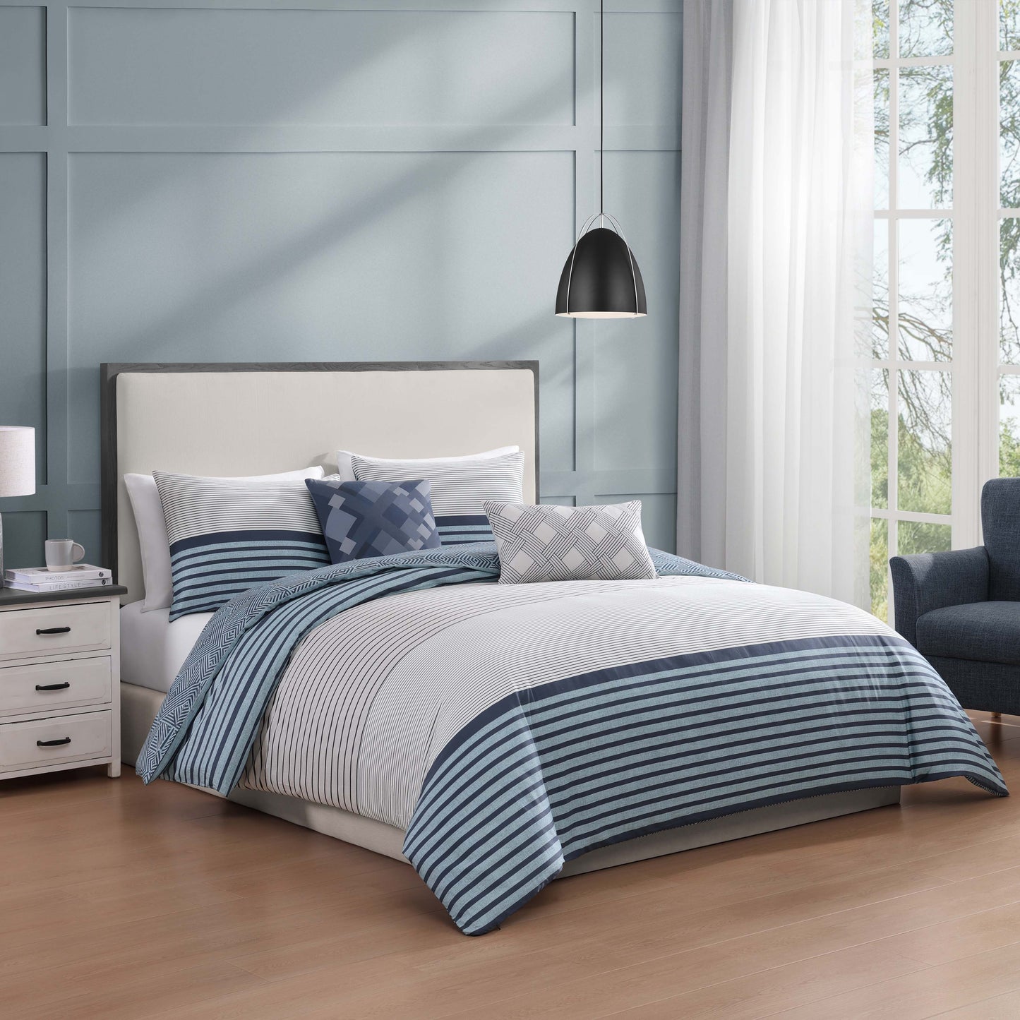 Bebejan Blue Geo Lines 5 Piece Reversible Comforter Set