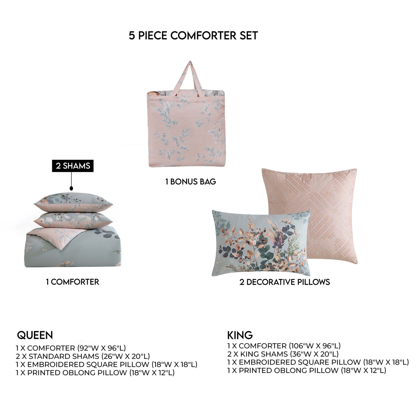 Bebejan Peach Leaves on Sage 5 Piece Reversible Comforter Set