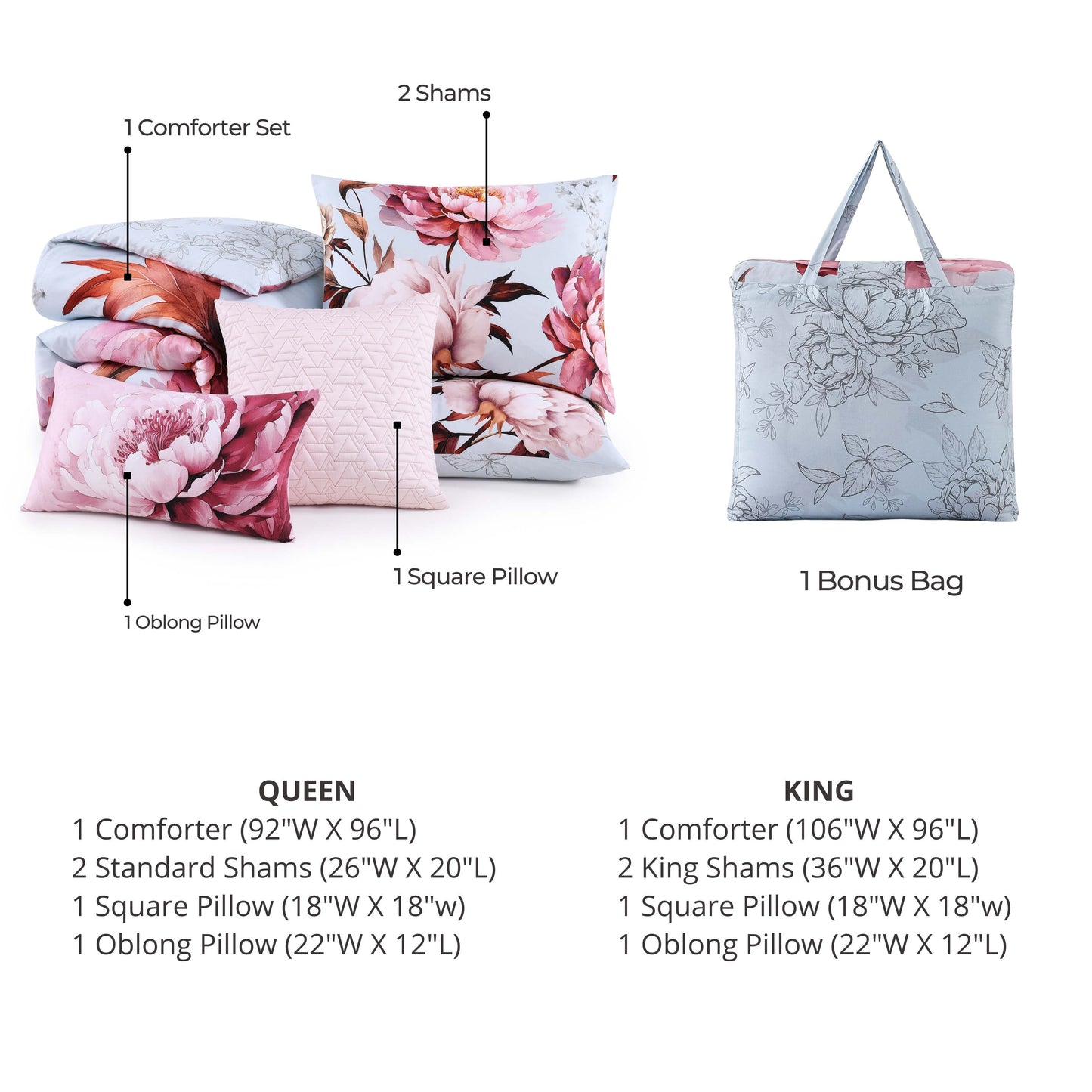 Bebejan Blooming Peonies 5 Piece Reversible Comforter Set