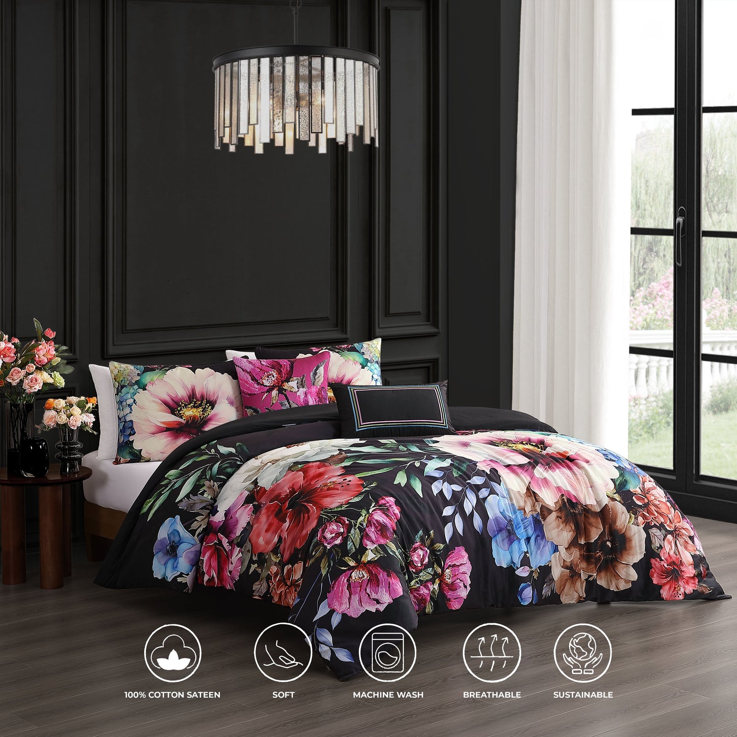 Bebejan Black Night Poppies 5 Piece Reversible Comforter Set