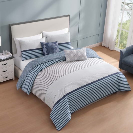 Bebejan Blue Geo Lines 5 Piece Reversible Comforter Set