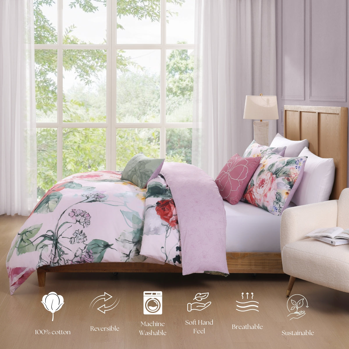 Bebejan Cool Pink Roses 5 Piece Reversible Comforter Set