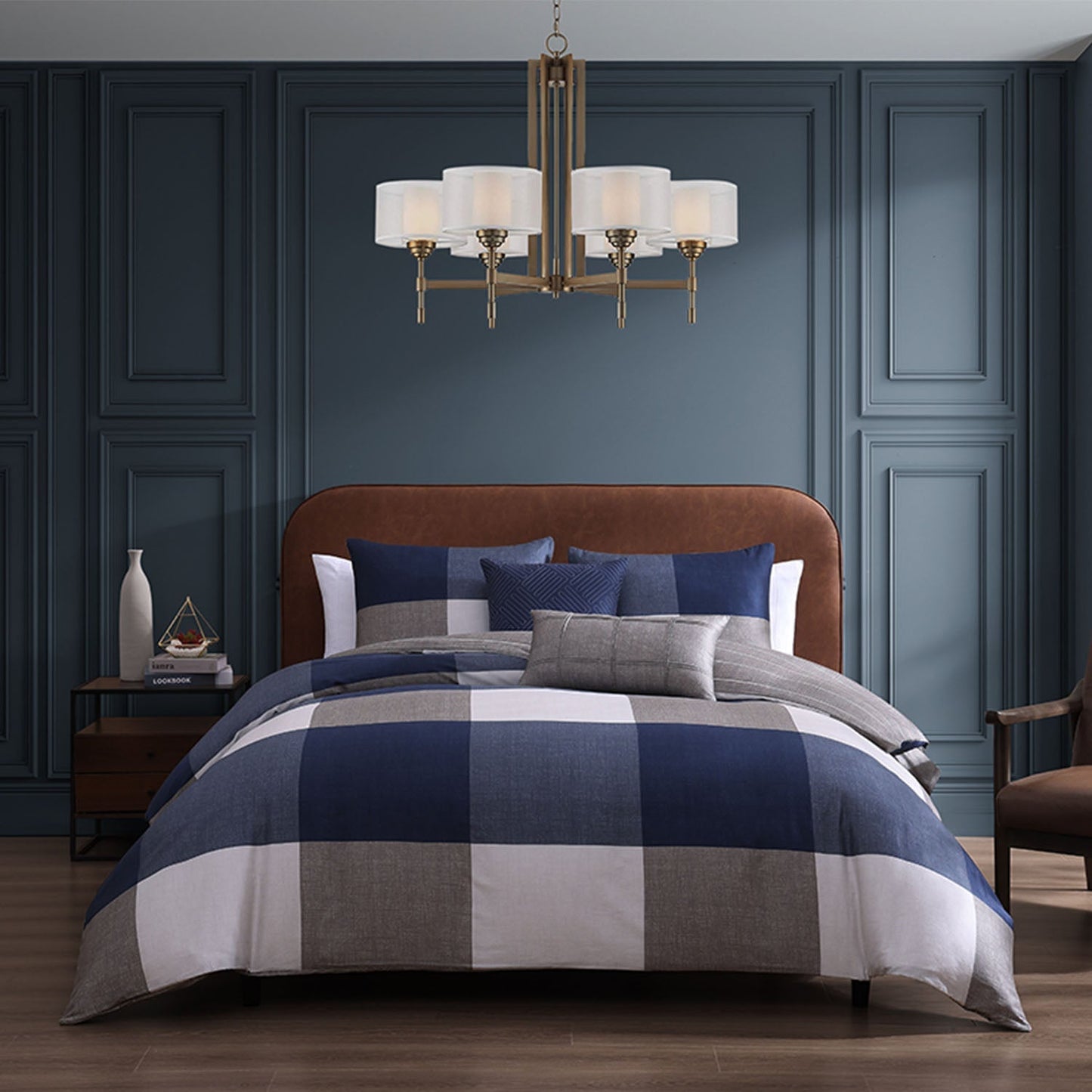 Bebejan Checkered Navy Tan 5 Piece Reversible Comforter Set