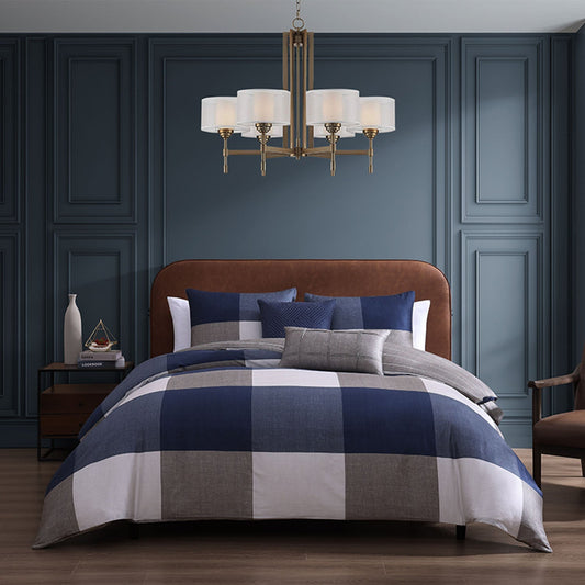 Bebejan Checkered Navy Tan 5 Piece Reversible Comforter Set