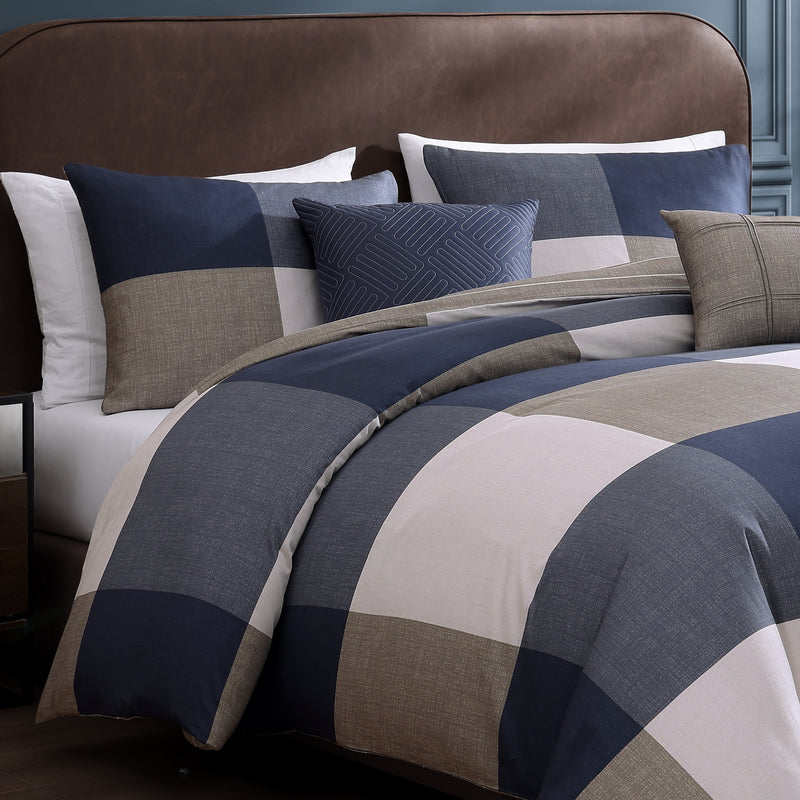 Bebejan Checkered Navy Tan 5 Piece Reversible Comforter Set
