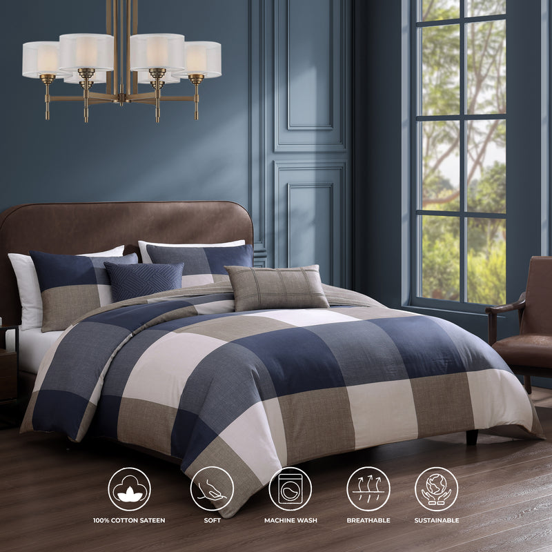 Bebejan Checkered Navy Tan 5 Piece Reversible Comforter Set